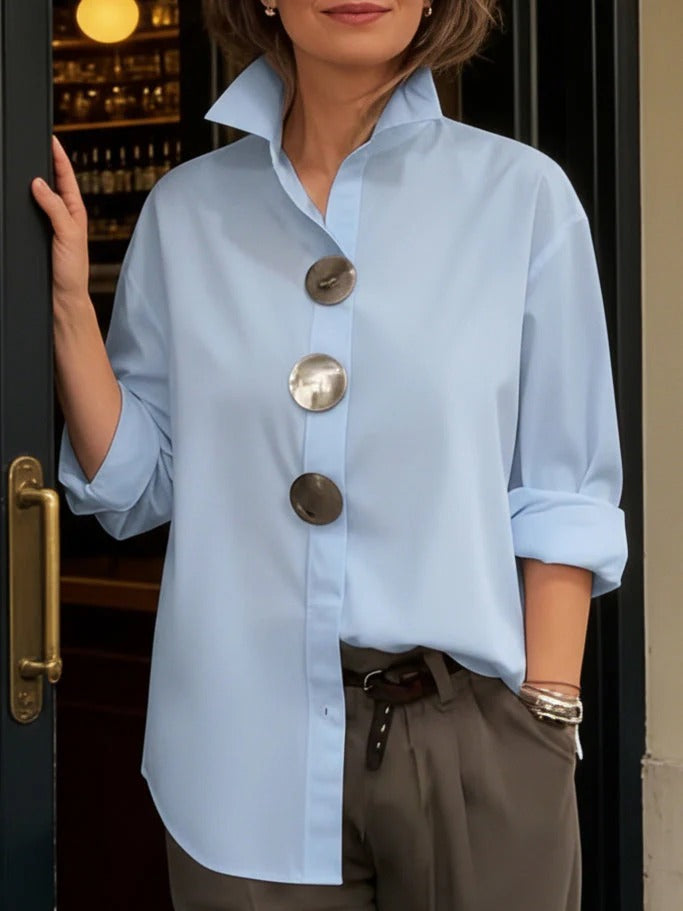 Elegant Statement Button Shirt for Women with High Collar Long Sleeve Oversized Curved Hem Style
