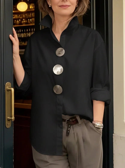 Elegant Statement Button Shirt for Women with High Collar Long Sleeve Oversized Curved Hem Style