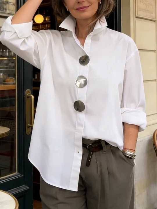 Elegant Statement Button Shirt for Women with High Collar Long Sleeve Oversized Curved Hem Style