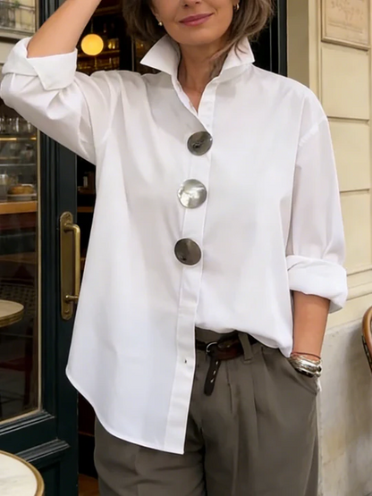 Elegant Statement Button Shirt for Women with High Collar Long Sleeve Oversized Curved Hem Style