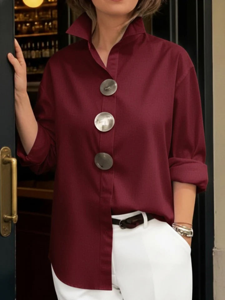 Elegant Statement Button Shirt for Women with High Collar Long Sleeve Oversized Curved Hem Style