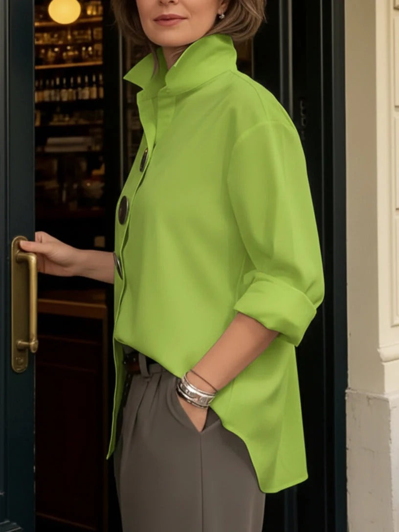 Elegant Statement Button Shirt for Women with High Collar Long Sleeve Oversized Curved Hem Style