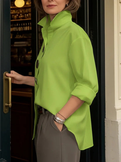 Elegant Statement Button Shirt for Women with High Collar Long Sleeve Oversized Curved Hem Style