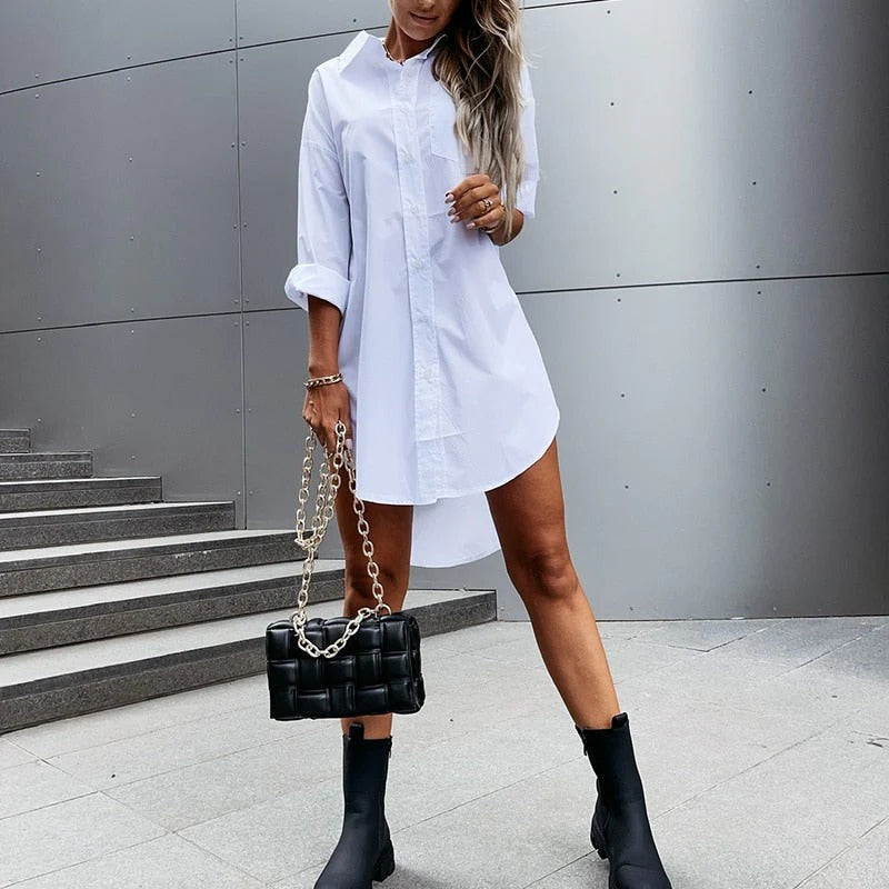 Effortless Cotton Shirt Dress for Women with Collar Long Sleeve Button Front High Low Style