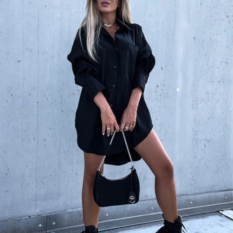 Effortless Cotton Shirt Dress for Women with Collar Long Sleeve Button Front High Low Style