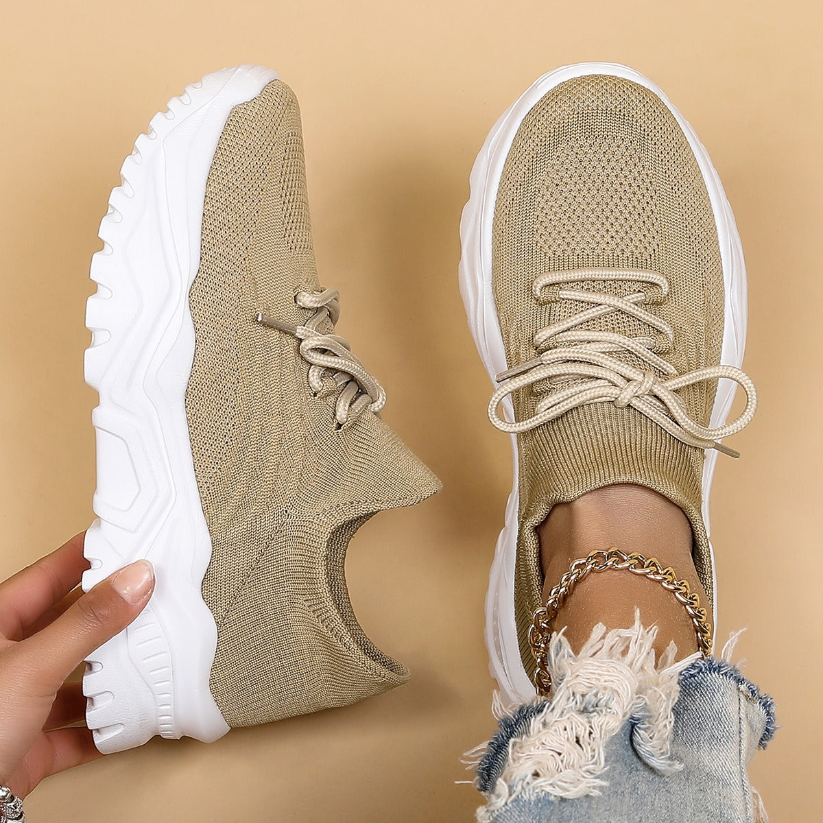 Comfortable Fly Knit Sneakers for Women with Lace Up Breathable Platform Sole Style