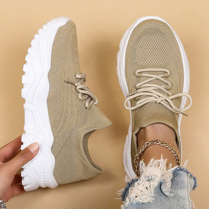 Comfortable Fly Knit Sneakers for Women with Lace Up Breathable Platform Sole Style