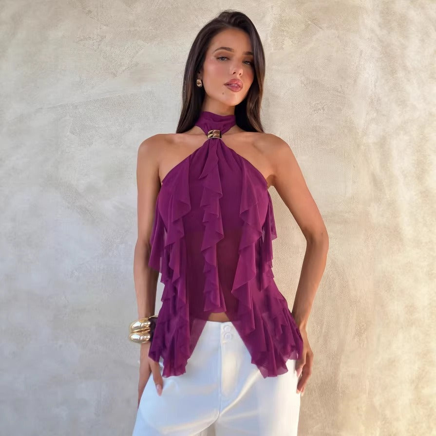 Effortless Tiered Ruffle Halter Top for Women with Mock Neck Sleeveless Sheer Going Out Style