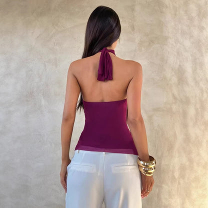 Effortless Tiered Ruffle Halter Top for Women with Mock Neck Sleeveless Sheer Going Out Style