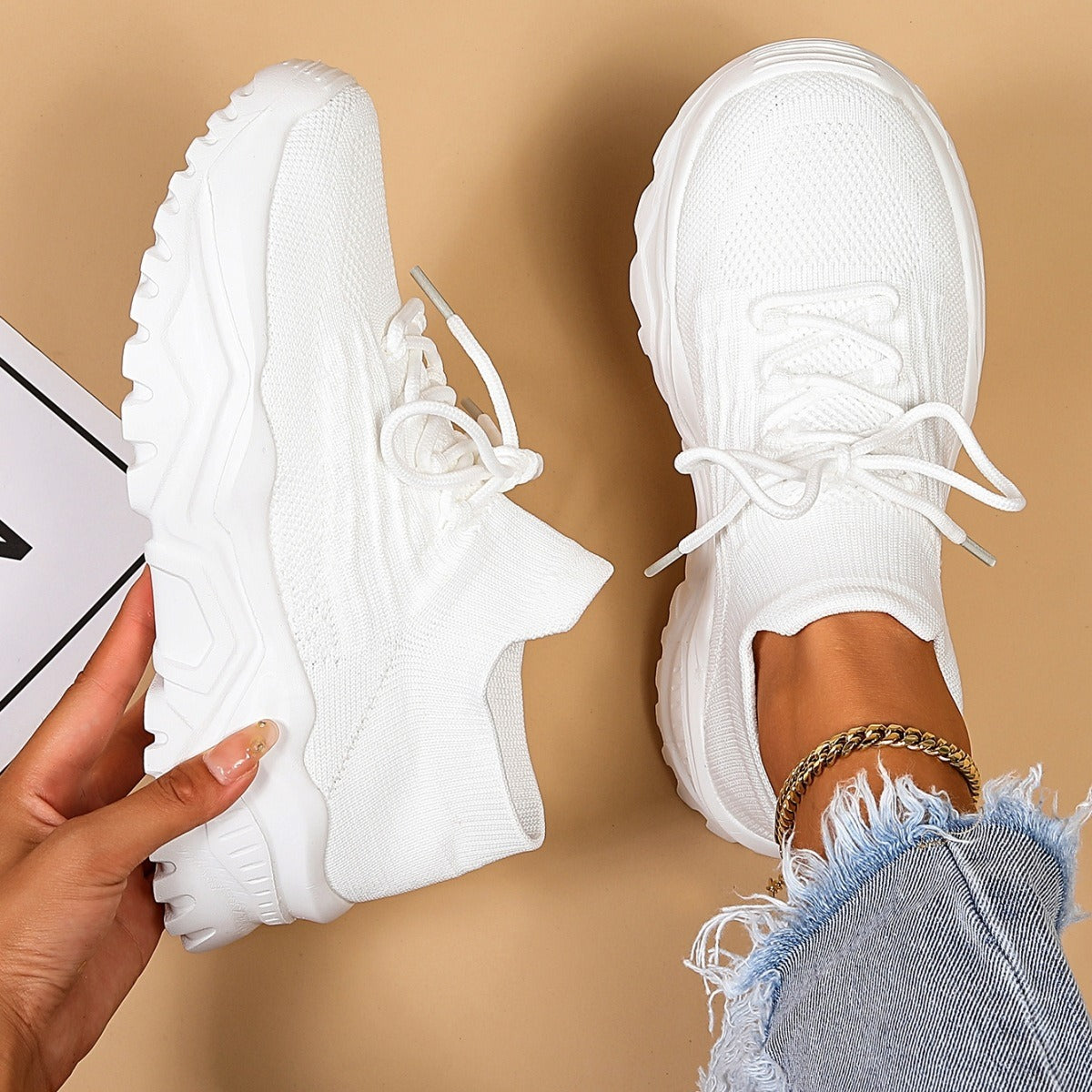 Comfortable Fly Knit Sneakers for Women with Lace Up Breathable Platform Sole Style