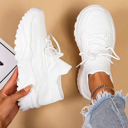 Comfortable Fly Knit Sneakers for Women with Lace Up Breathable Platform Sole Style