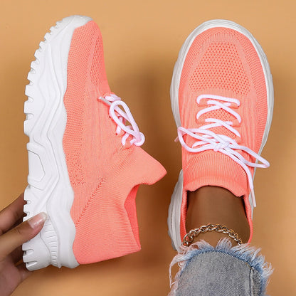 Comfortable Fly Knit Sneakers for Women with Lace Up Breathable Platform Sole Style