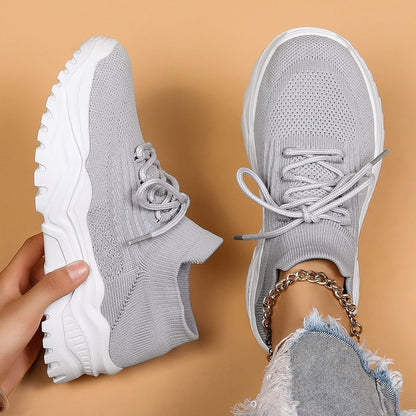 Comfortable Fly Knit Sneakers for Women with Lace Up Breathable Platform Sole Style