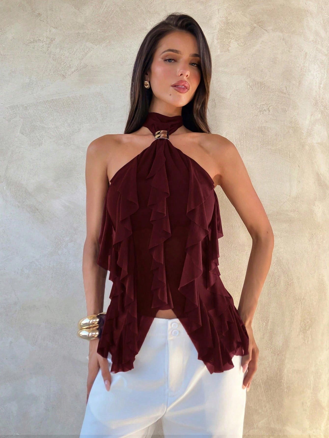 Effortless Tiered Ruffle Halter Top for Women with Mock Neck Sleeveless Sheer Going Out Style
