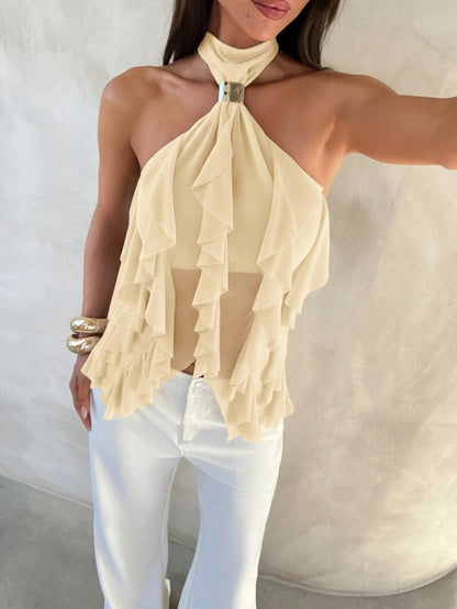 Effortless Tiered Ruffle Halter Top for Women with Mock Neck Sleeveless Sheer Going Out Style