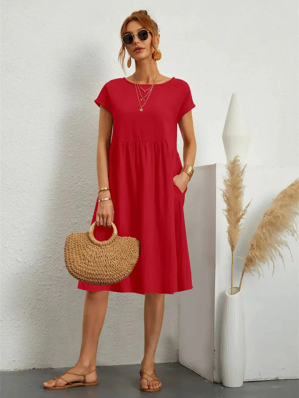 Effortless Red Smocked Midi Dress for Women with Round Neck Short Sleeve Pockets Casual Summer Style
