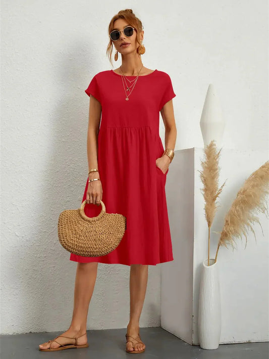 Effortless Red Smocked Midi Dress for Women with Round Neck Short Sleeve Pockets Casual Summer Style