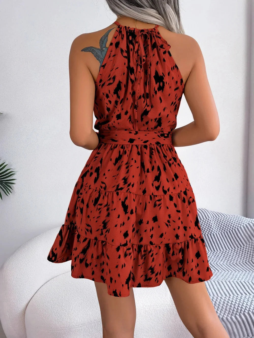 Elegant Printed Halter Mini Dress for Women with Tie Neck Sleeveless Tiered Ruffle Belted Style