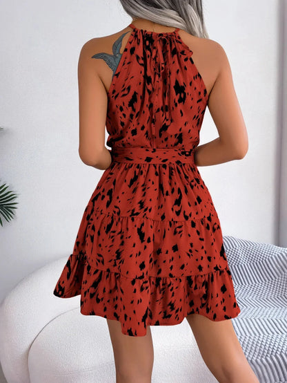 Elegant Printed Halter Mini Dress for Women with Tie Neck Sleeveless Tiered Ruffle Belted Style