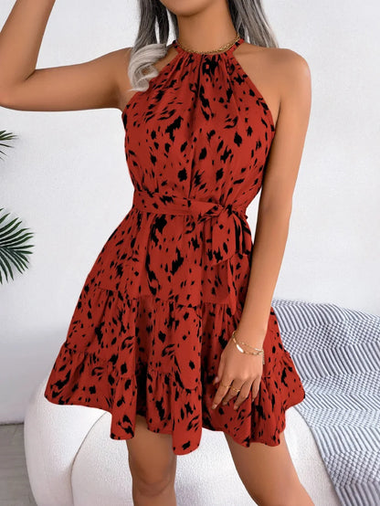 Elegant Printed Halter Mini Dress for Women with Tie Neck Sleeveless Tiered Ruffle Belted Style