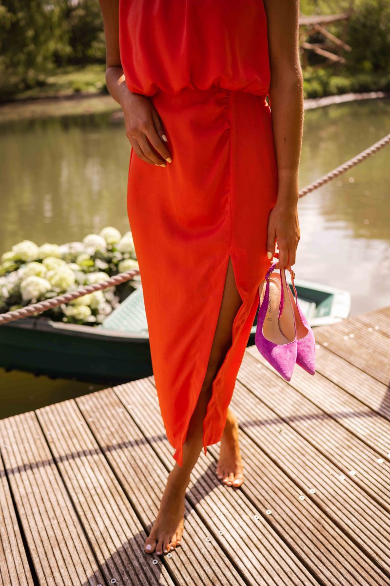 Elegant Halter Cocktail Dress for Women with Gathered Neckline Sleeveless Ruched Waist Front Slit Wedding Guest Style