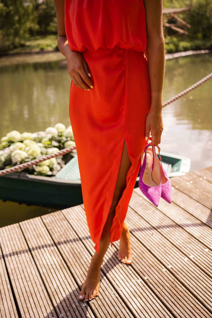 Elegant Halter Cocktail Dress for Women with Gathered Neckline Sleeveless Ruched Waist Front Slit Wedding Guest Style