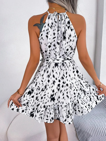 Elegant Printed Halter Mini Dress for Women with Tie Neck Sleeveless Tiered Ruffle Belted Style
