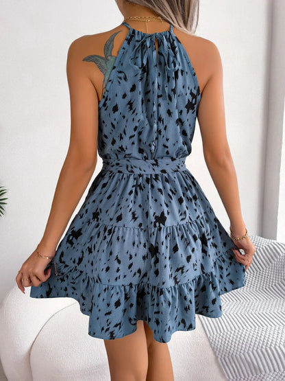 Elegant Printed Halter Mini Dress for Women with Tie Neck Sleeveless Tiered Ruffle Belted Style