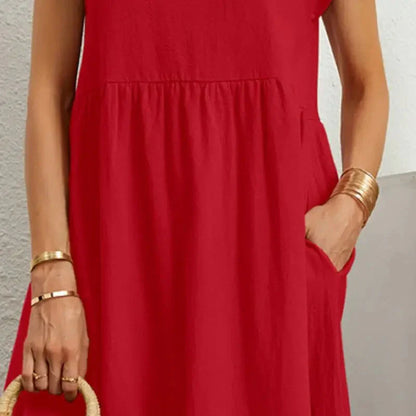 Effortless Red Smocked Midi Dress for Women with Round Neck Short Sleeve Pockets Casual Summer Style