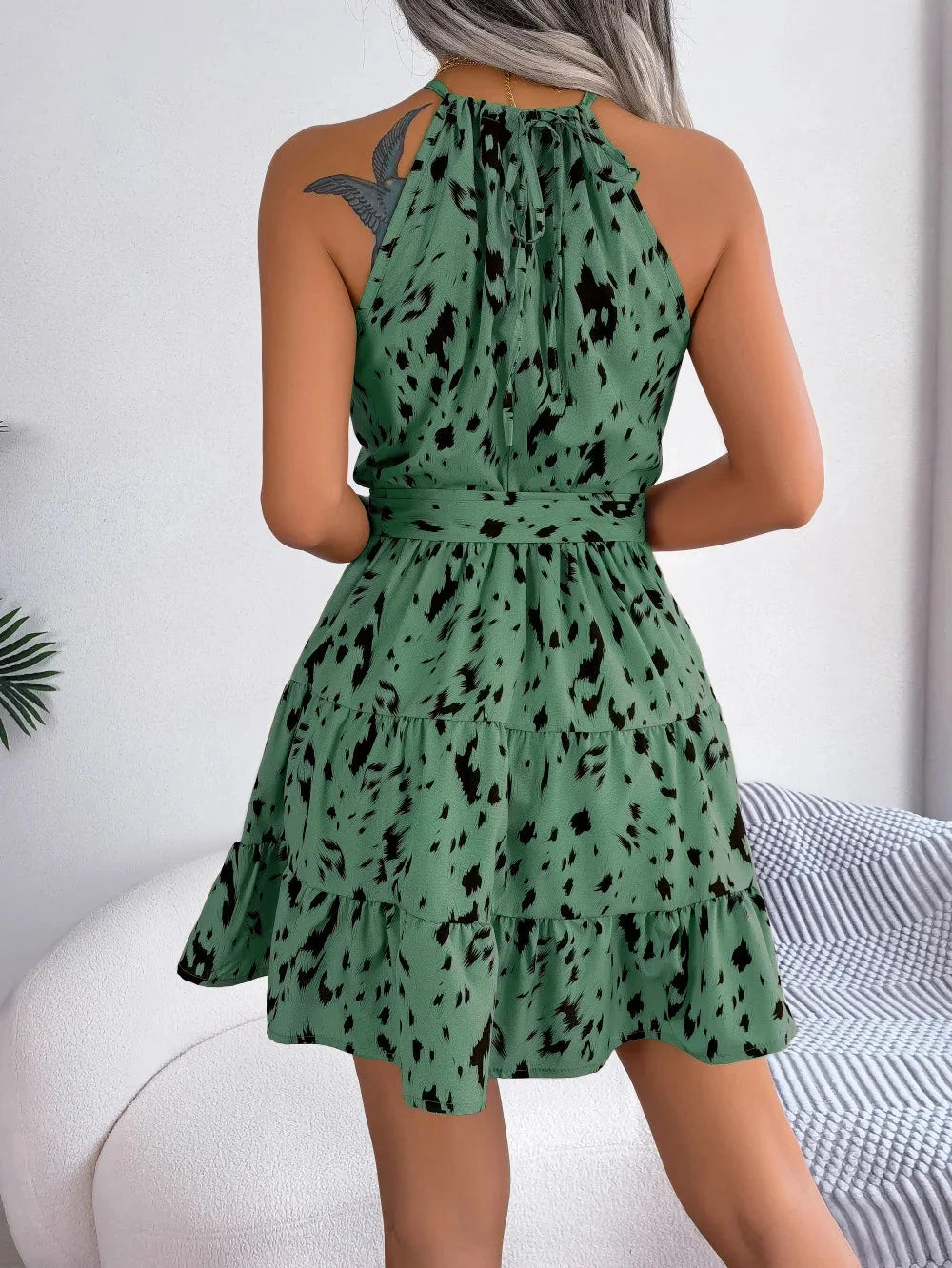 Elegant Printed Halter Mini Dress for Women with Tie Neck Sleeveless Tiered Ruffle Belted Style