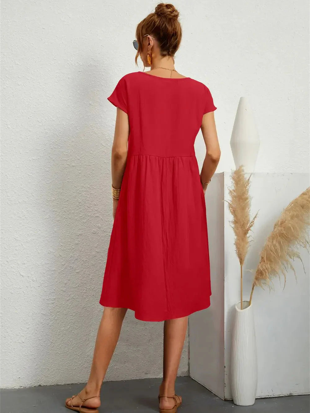 Effortless Red Smocked Midi Dress for Women with Round Neck Short Sleeve Pockets Casual Summer Style