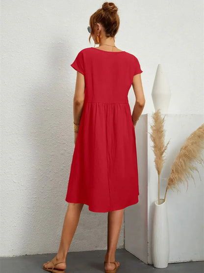 Effortless Red Smocked Midi Dress for Women with Round Neck Short Sleeve Pockets Casual Summer Style