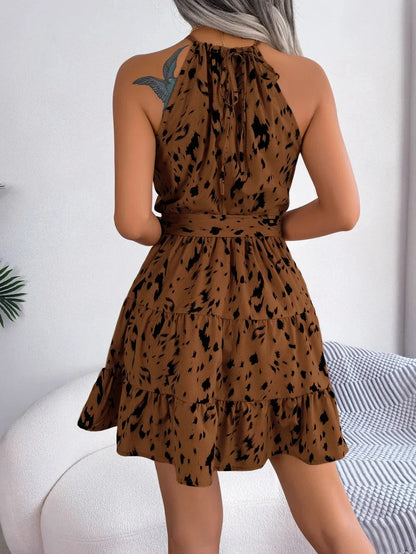 Elegant Printed Halter Mini Dress for Women with Tie Neck Sleeveless Tiered Ruffle Belted Style