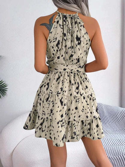Elegant Printed Halter Mini Dress for Women with Tie Neck Sleeveless Tiered Ruffle Belted Style