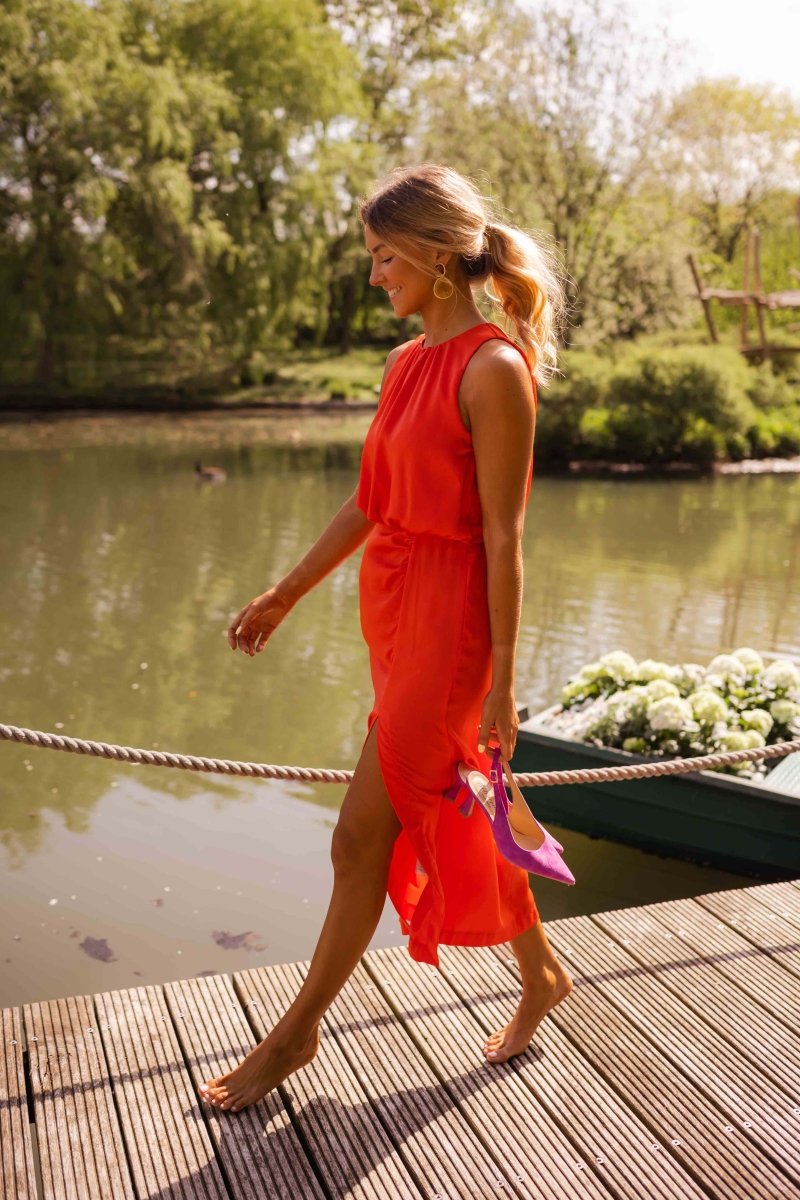 Elegant Halter Cocktail Dress for Women with Gathered Neckline Sleeveless Ruched Waist Front Slit Wedding Guest Style