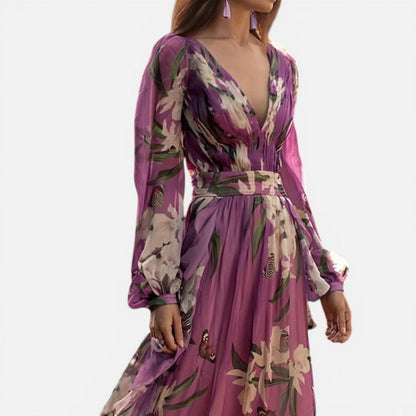Elegant Purple Floral Maxi Cocktail Dress for Women with V Neck Balloon Sleeve Belted Flowing Style