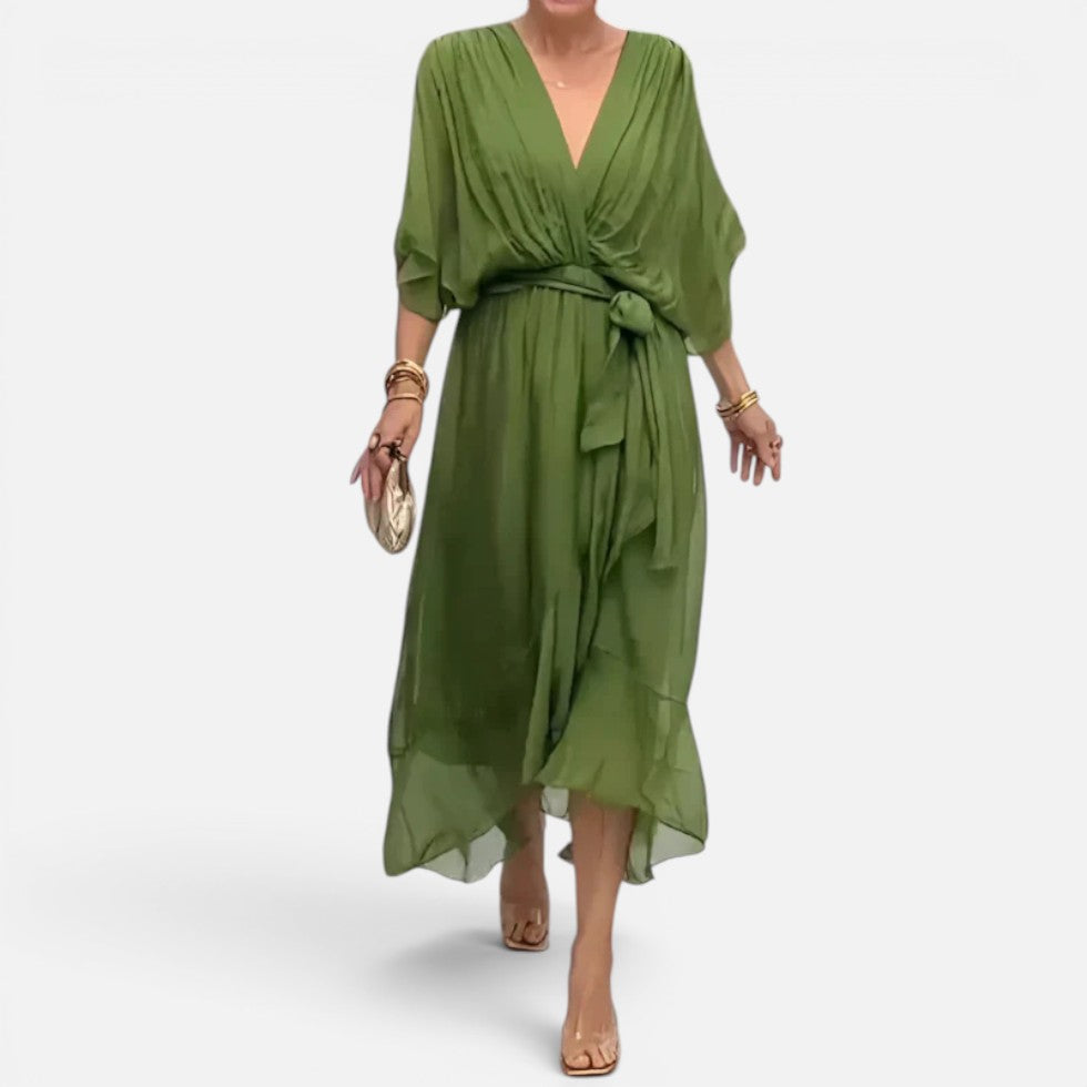 Elegant Chiffon Cocktail Dress for Women with V Neck Batwing Sleeve Wrap Tie Waist Flowing Style