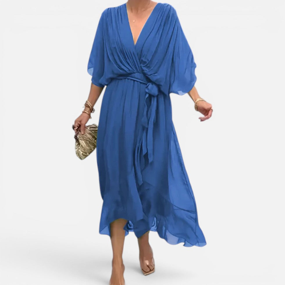 Elegant Chiffon Cocktail Dress for Women with V Neck Batwing Sleeve Wrap Tie Waist Flowing Style