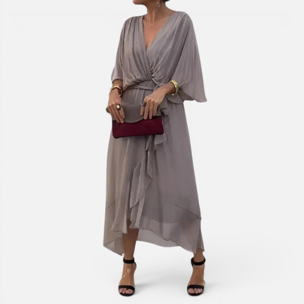 Elegant Chiffon Cocktail Dress for Women with V Neck Batwing Sleeve Wrap Tie Waist Flowing Style