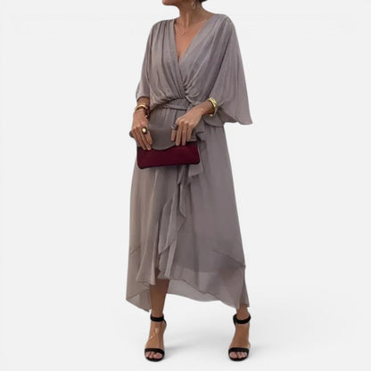 Elegant Chiffon Cocktail Dress for Women with V Neck Batwing Sleeve Wrap Tie Waist Flowing Style