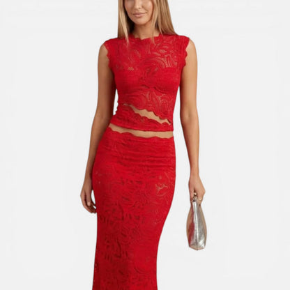 Elegant Sheer Lace Cocktail Dress for Women with Mock Neck Sleeveless Cutout Two Piece Style