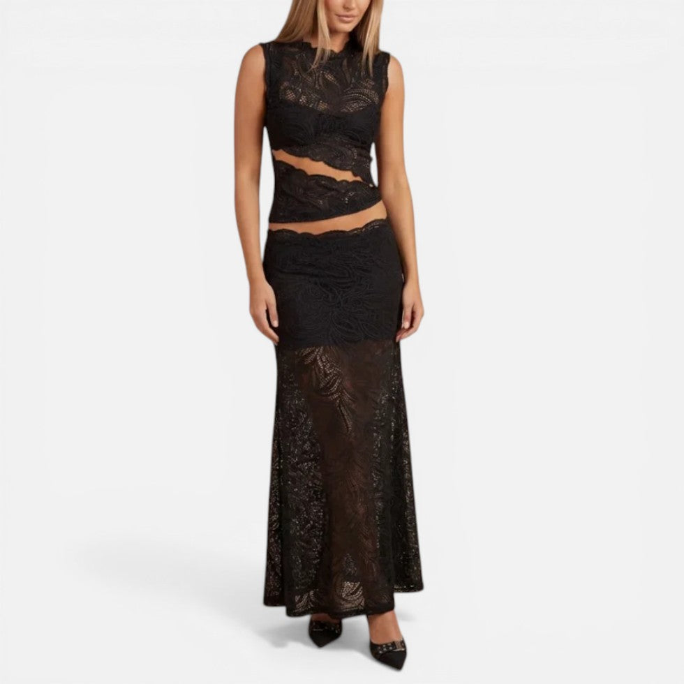 Elegant Sheer Lace Cocktail Dress for Women with Mock Neck Sleeveless Cutout Two Piece Style