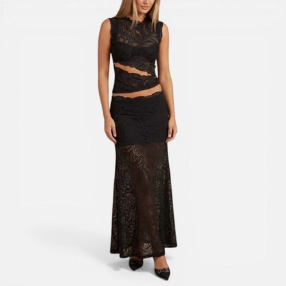 Elegant Sheer Lace Cocktail Dress for Women with Mock Neck Sleeveless Cutout Two Piece Style