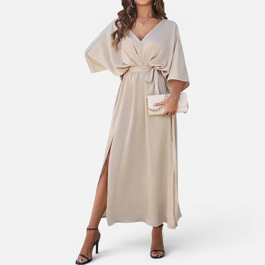 Elegant Wrap Cocktail Dress for Women with V Neck Batwing Sleeve Tie Waist Side Slit Flowing Style