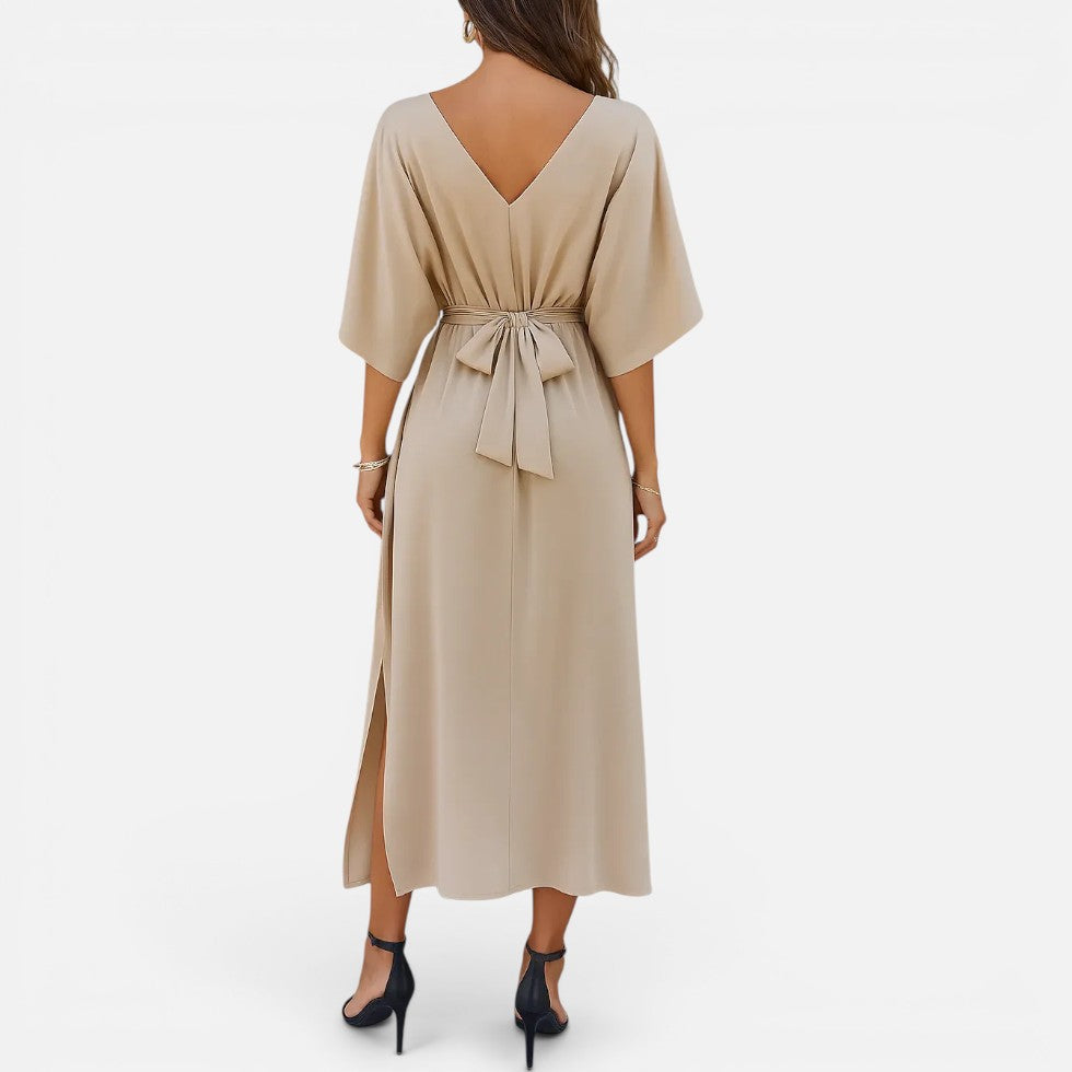 Elegant Wrap Cocktail Dress for Women with V Neck Batwing Sleeve Tie Waist Side Slit Flowing Style