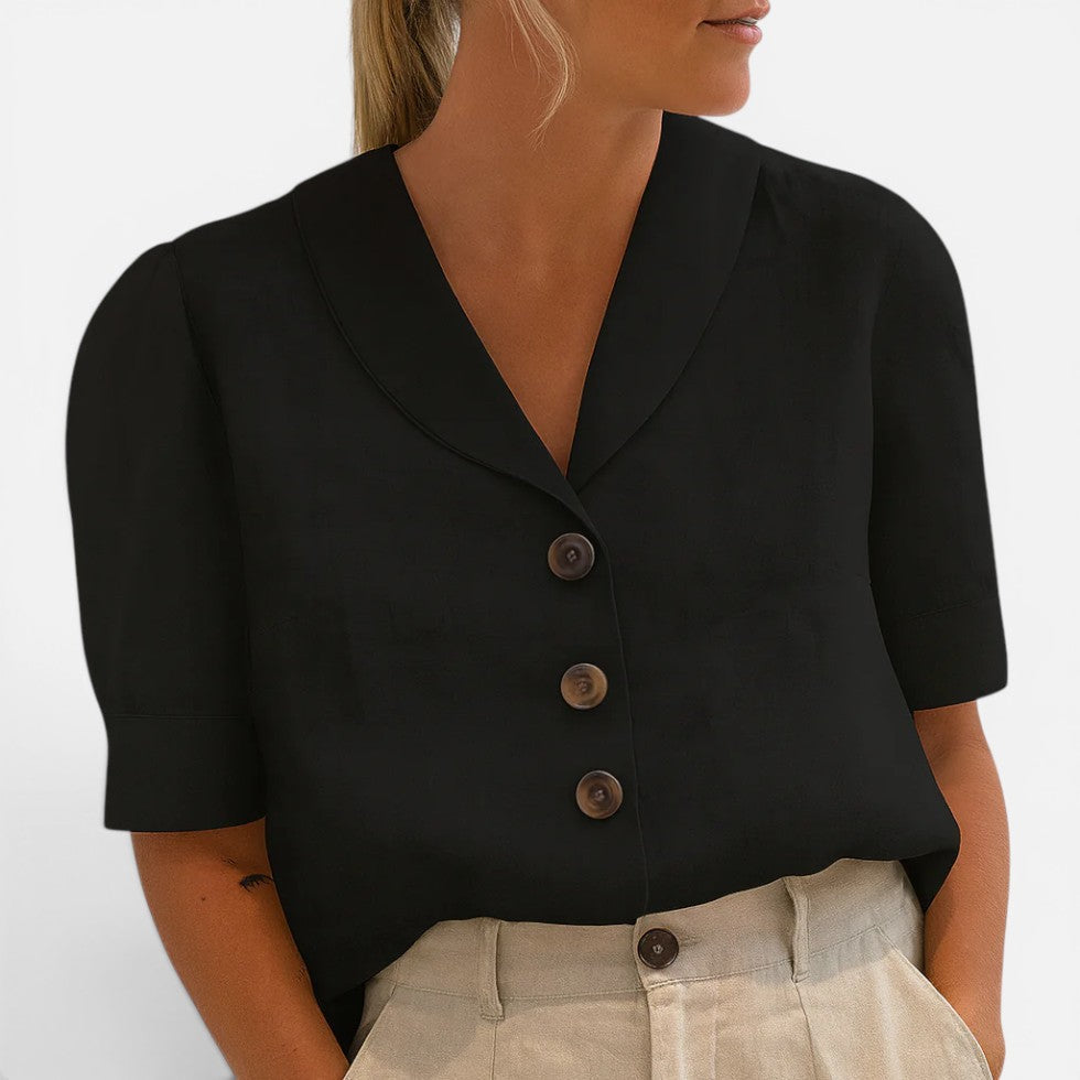 Refined Button Front Blouse for Women with Shawl Collar Short Sleeve Linen Tailored Style
