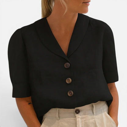Refined Button Front Blouse for Women with Shawl Collar Short Sleeve Linen Tailored Style
