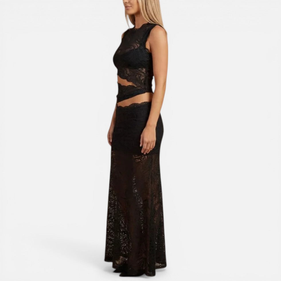 Elegant Sheer Lace Cocktail Dress for Women with Mock Neck Sleeveless Cutout Two Piece Style