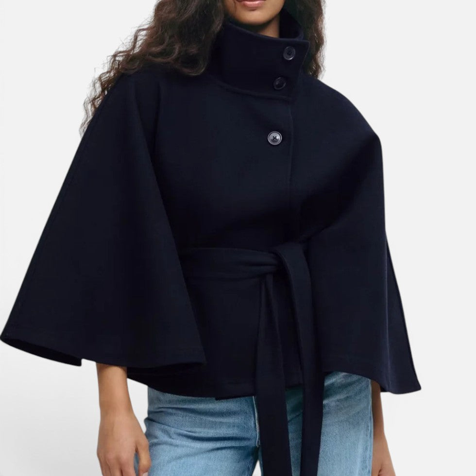 Elegant Wool Blend Poncho for Women with High Neck Cape Sleeve Belted Button Front Style