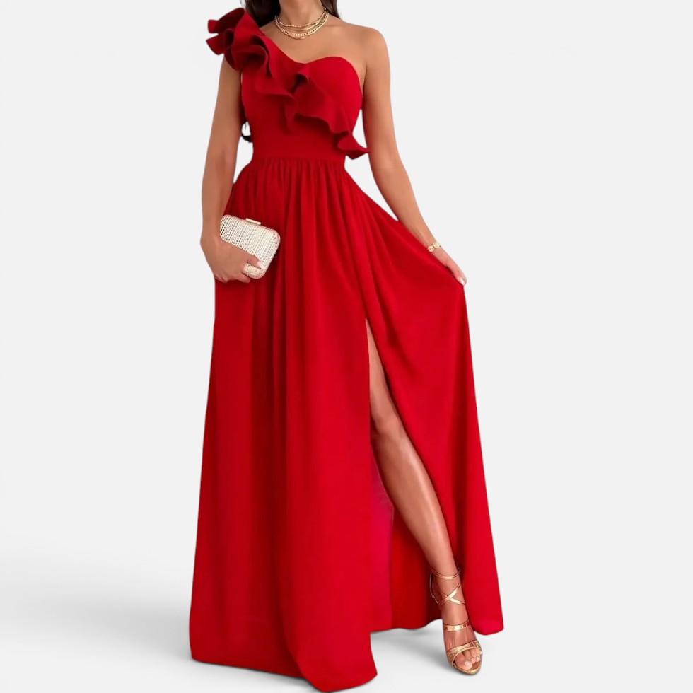 Elegant Chiffon Cocktail Dress for Women with One Shoulder Ruffle Trim High Slit Flowing Style
